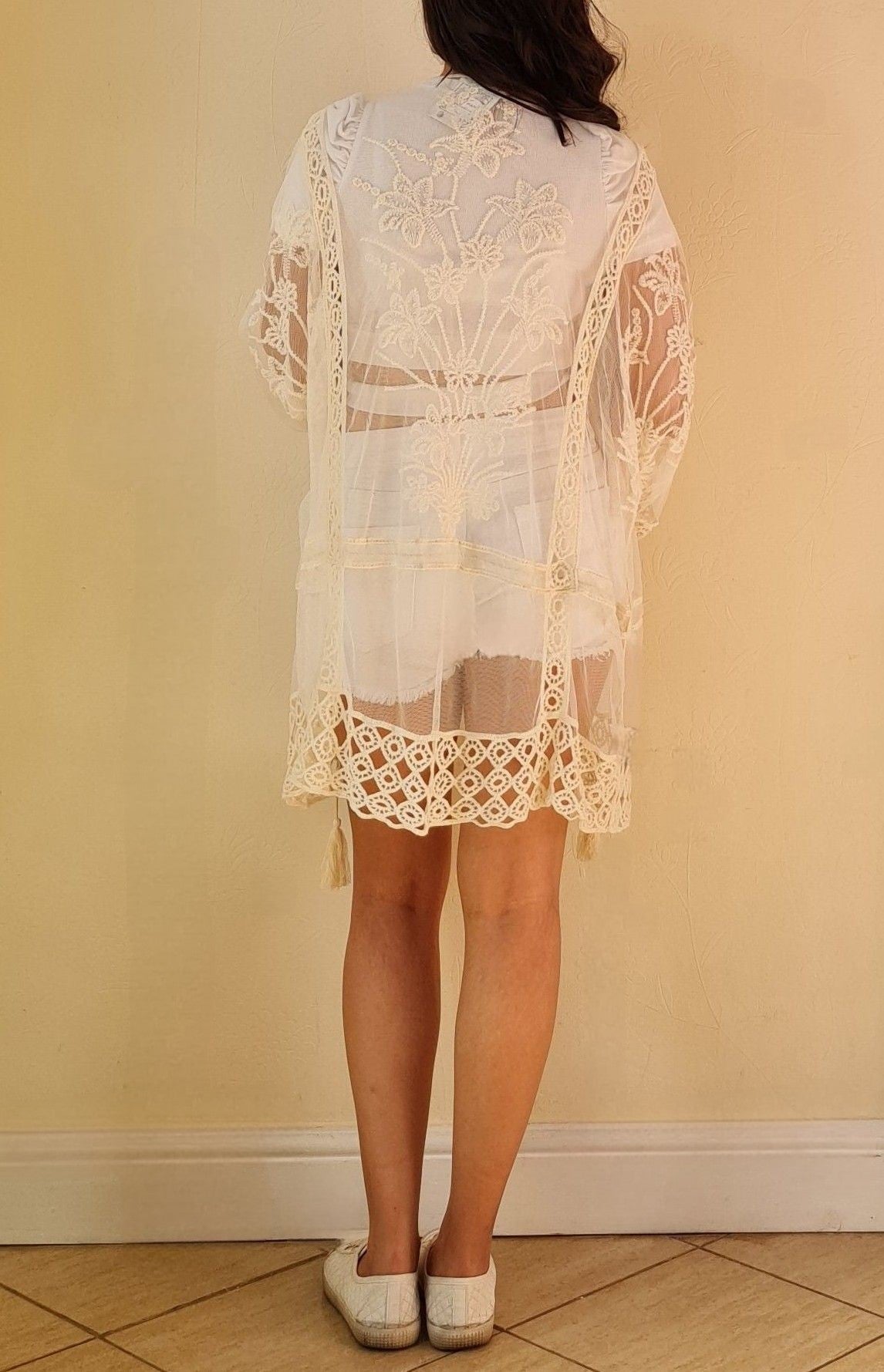 Women's Oversized Mid-Length Lace Floral Cardigan